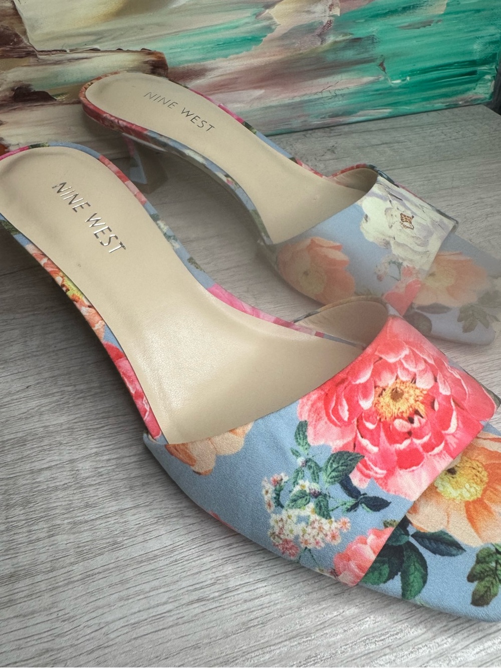 Nine West Floral Slide Mules in Light Blue with Multicolor Blooms - Picture 2 of 8